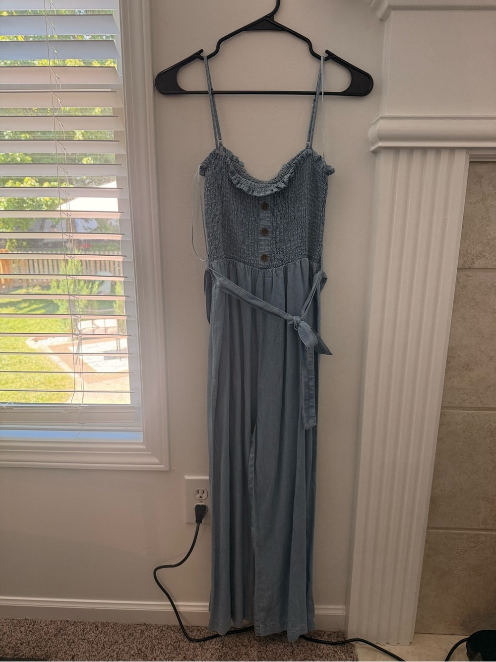 Red Dress Boutique Light Blue Smocked Jumpsuit with Tie Waist